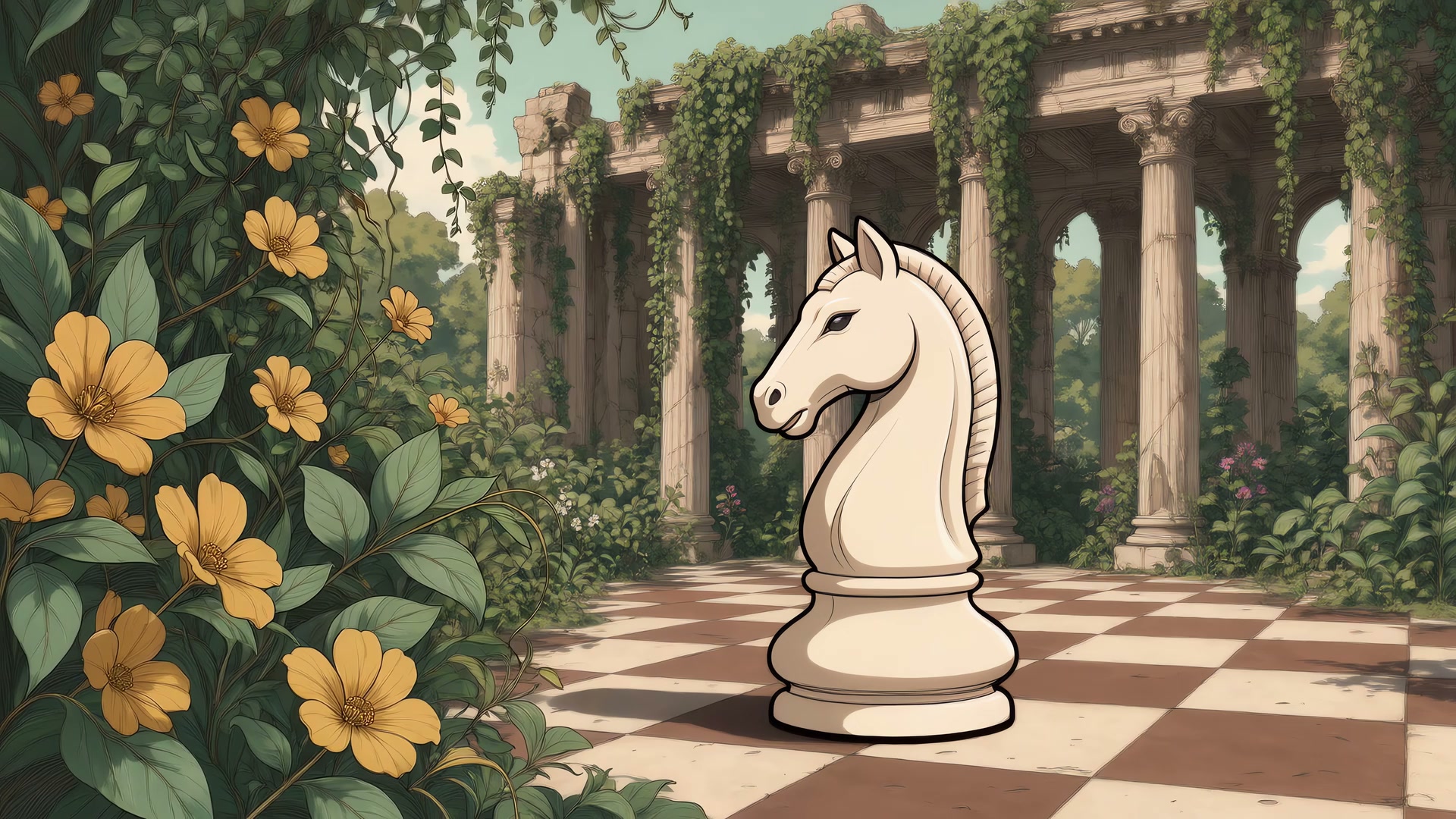 A giant marble chess knight in an overgrown classical garden, flowers swaying