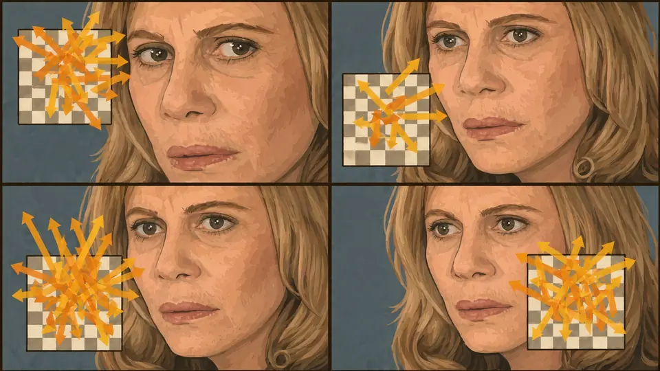 Four panels of a puzzled woman who stares at chessboards covered in arrows