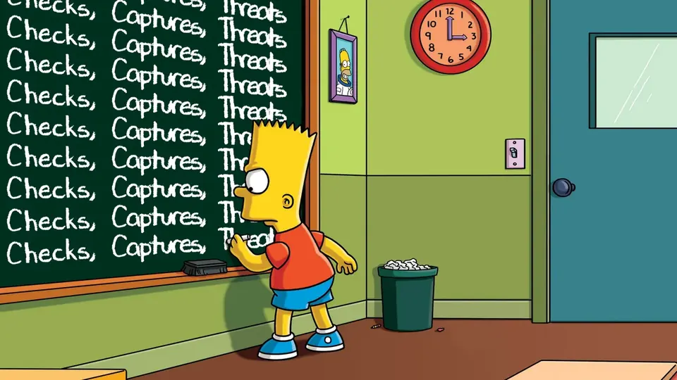 A cartoon boy who writes "Checks, Captures, Threats" again and again on a school chalkboard